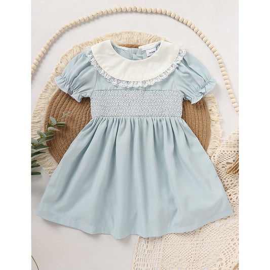 Toddler Girls Smocked Dress – Cute Puff Short Sleeve Princess Outfit with Lace Crew Neck, Elegant Party Dress for Birthdays & Special Occasions