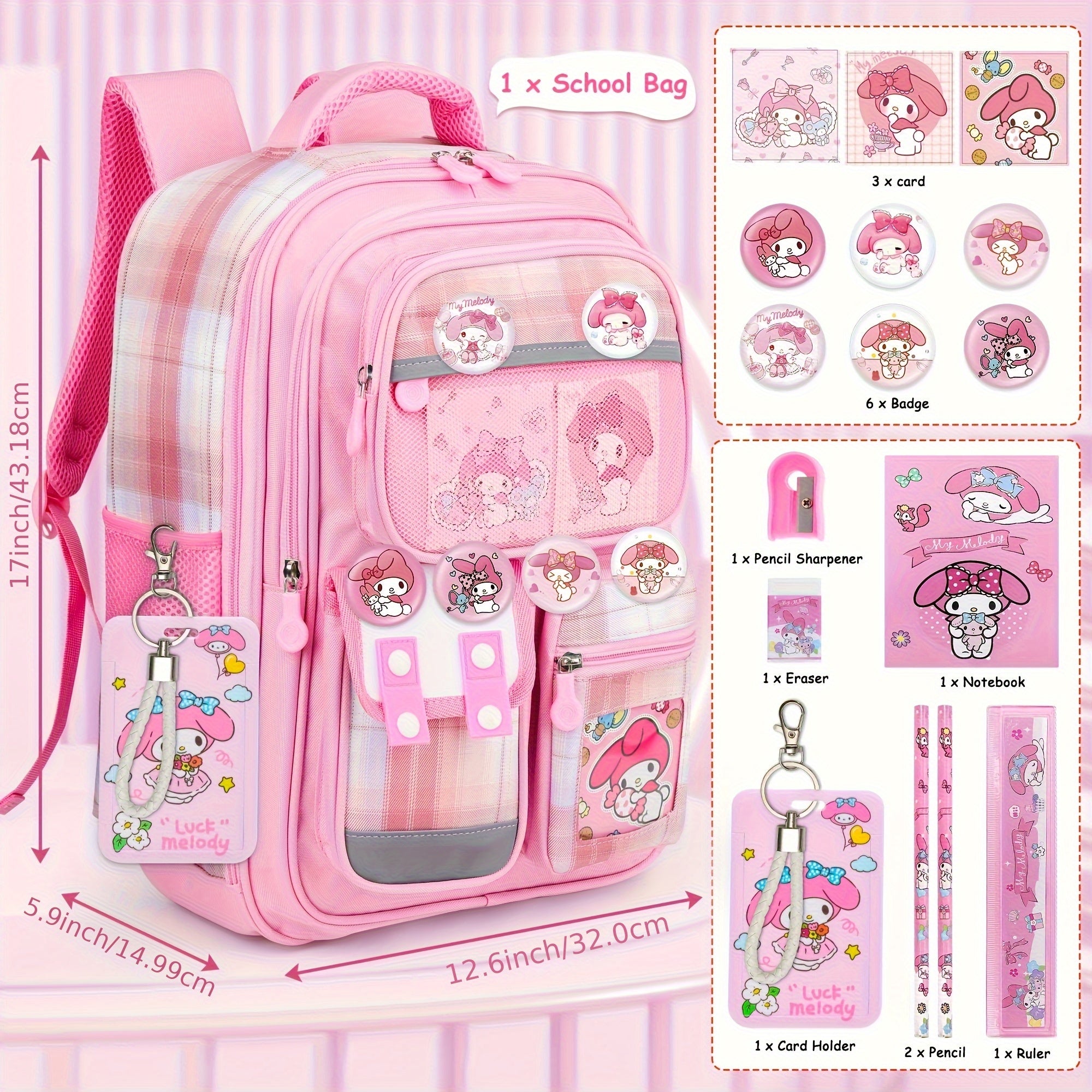 My Melody Large-Capacity School & Travel Backpack Set – Badge + ID Holder + Stationery Cards Included