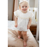 Baby Girl White Lace Romper 👶✨ Short-Sleeve Bubble Jumpsuit for Summer & Weddings 💒☀️