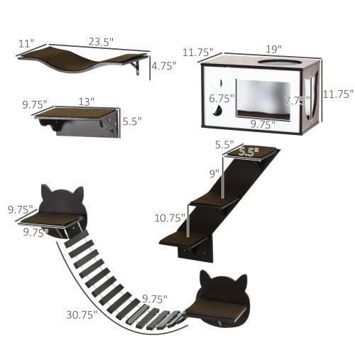 PawHut Cat Shelves – Wall-Mounted Cat Tree with Curved Platform, Cozy House, Bridge, Easy Stairs & Flat Perch, Coffee Brown