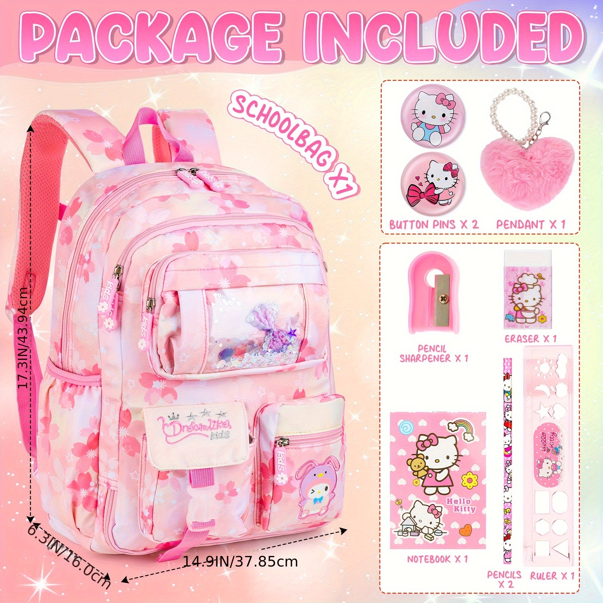Sanrio Hello Kitty Girls Backpack & Duffel Bag Set – Pastel Pink Large-Capacity School Bag + Travel Luggage