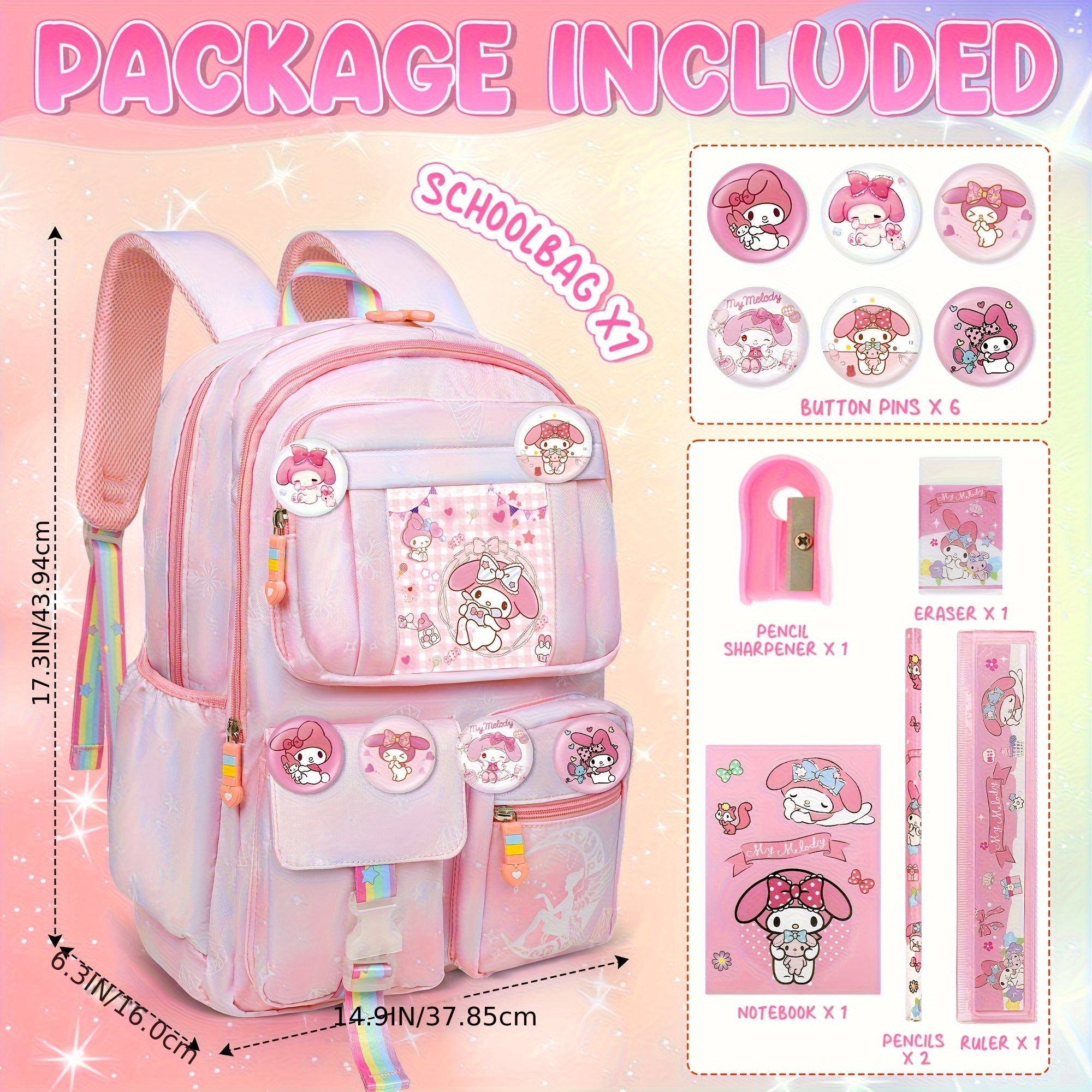 Sanrio My Melody Large Capacity Backpack Set – Includes Backpack, 6 Badge Pins & Stationery Set