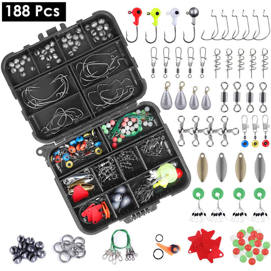 188-Piece Fishing Tackle Accessory Kit - Complete Set with Hooks, Sinkers, Swivels & More in Tackle Box