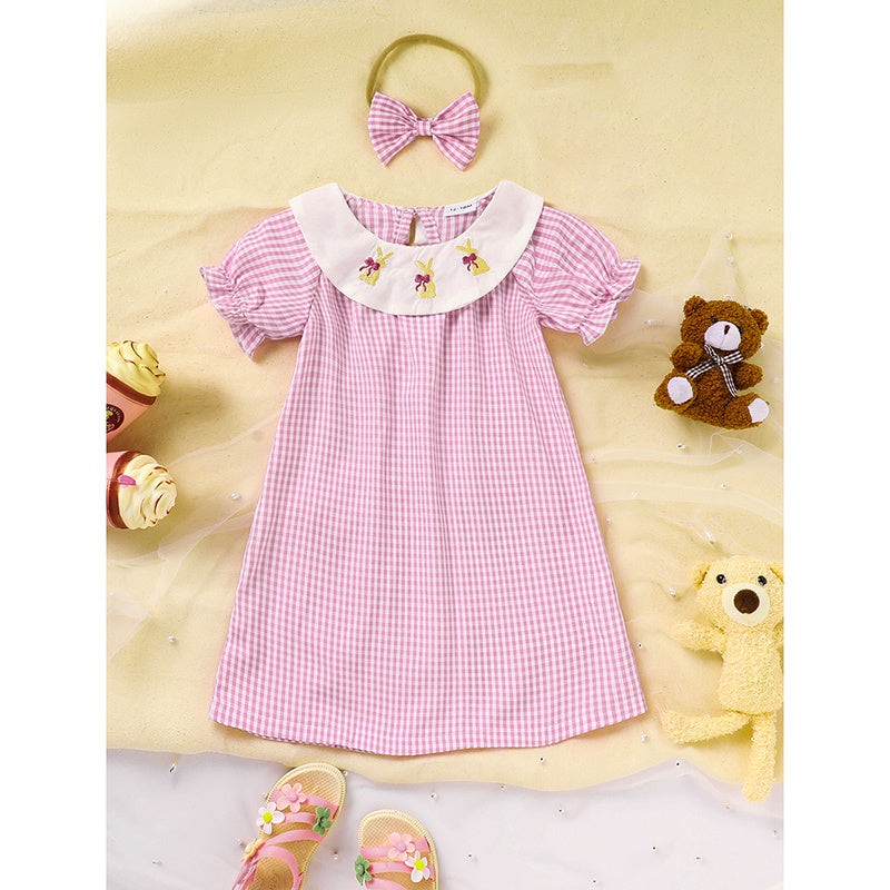 Infant Girls Plaid Easter Bunny Smocked Dress 🎀 Short Sleeve Party Outfit