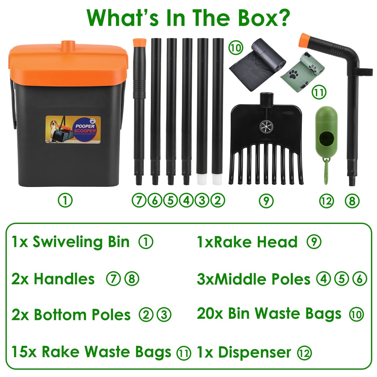 Heavy-Duty Pooper Scooper Kit – Extra-Long Rake & Swivel Bin with 35 Waste Bags & Dispenser