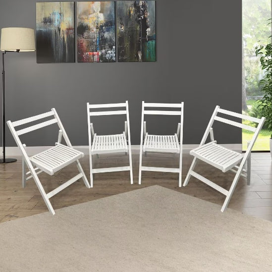 Furniture Slatted Wood Folding Special Event Chairs – Set of 4, Solid Wood, White Finish, Foldable & Versatile