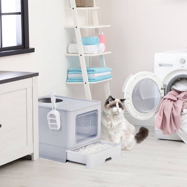 51 × 40 × 38 cm PP Plastic Litter Box – Spliced Bottom Pull-Out Square Grey with Scoop