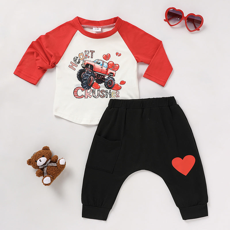 2Pcs Baby Boy Valentine’s Day Outfit – Heart Crusher Print Long Sleeve Top & Pants Set