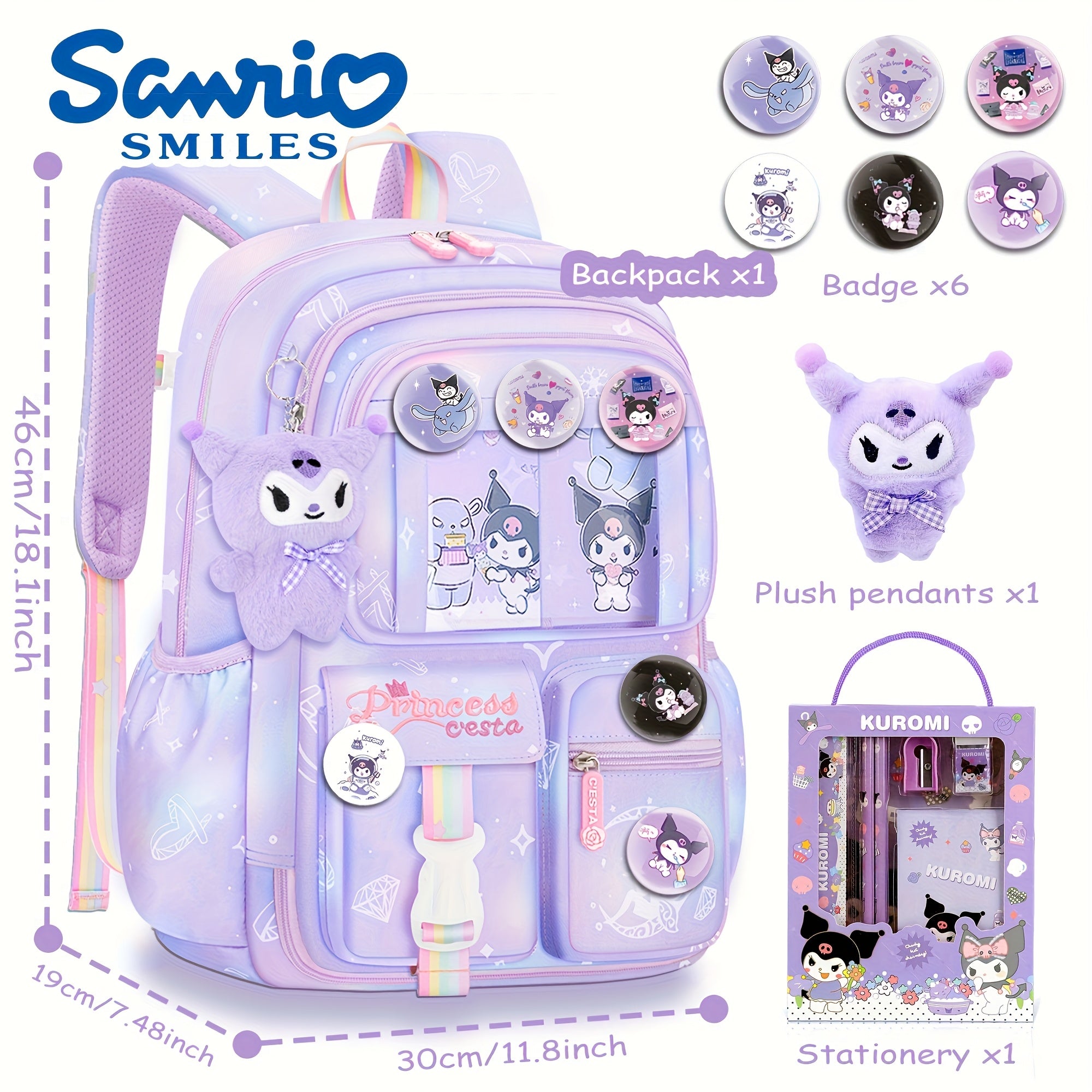 Sanrio Kuromi Multi™ Bag Set – Shoulder Bag & Backpack with Plush Pendant, 6 Badges & Stationery Set – Ultra-Light Travel Essentials