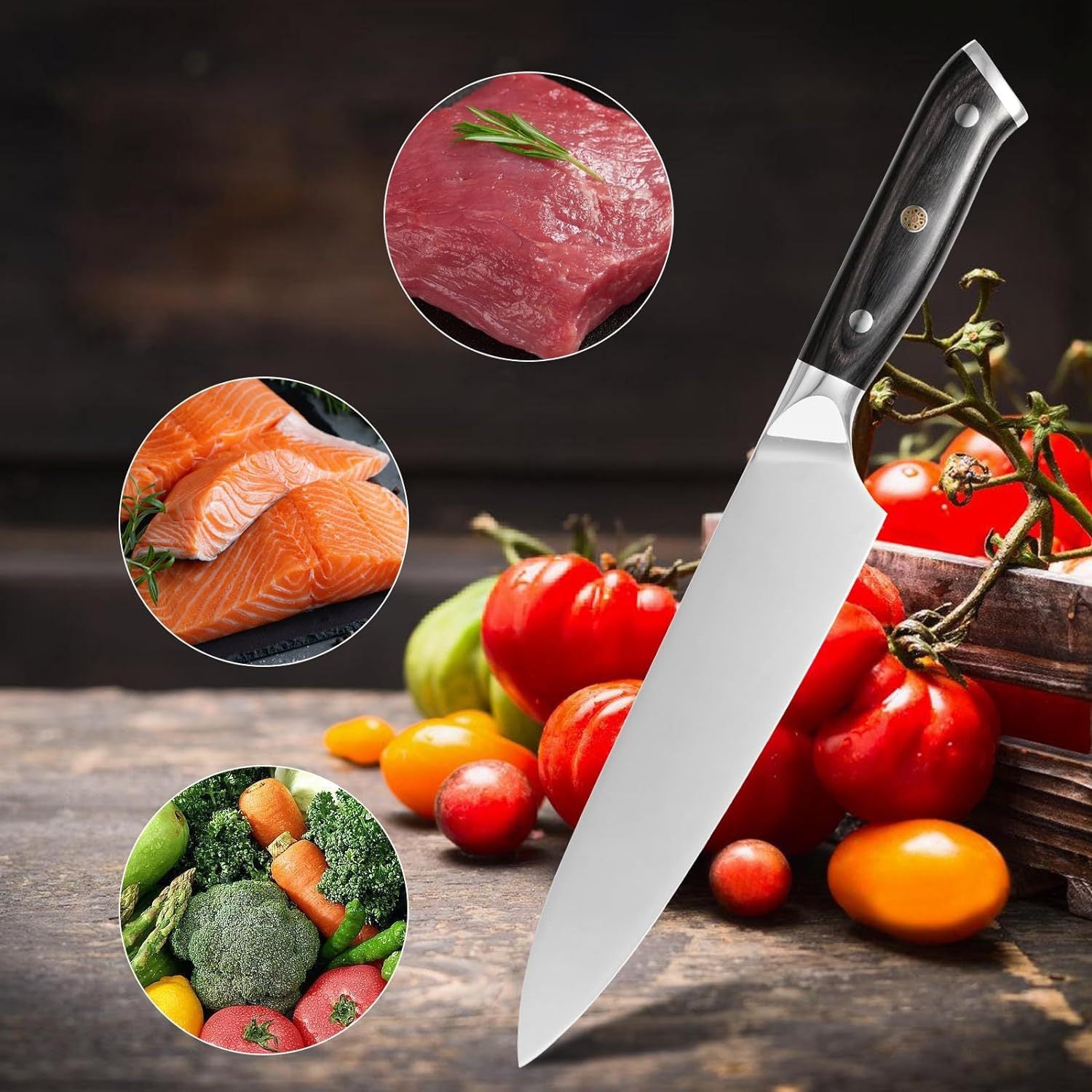 Professional 8″ Chef or 7″ Santoku Knife – High Carbon Steel, Full-Tang Design with Ergonomic Wood Handle