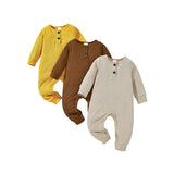 3-Pack Baby Rompers – Long Sleeve Ribbed Jumpsuit with Soft Cotton Fabric & Button-Front Design for Boys & Girls