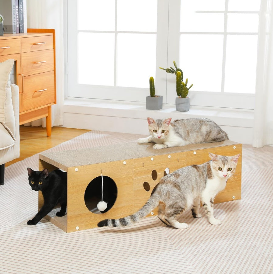 Multi-Hole Fun Cat Tunnel with Scratching Board & Pom-Poms ...