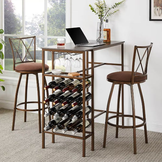 3-Piece Bar Table Set with Stools - Industrial Kitchen & Dining Table for Small Spaces (Retro Brown)
