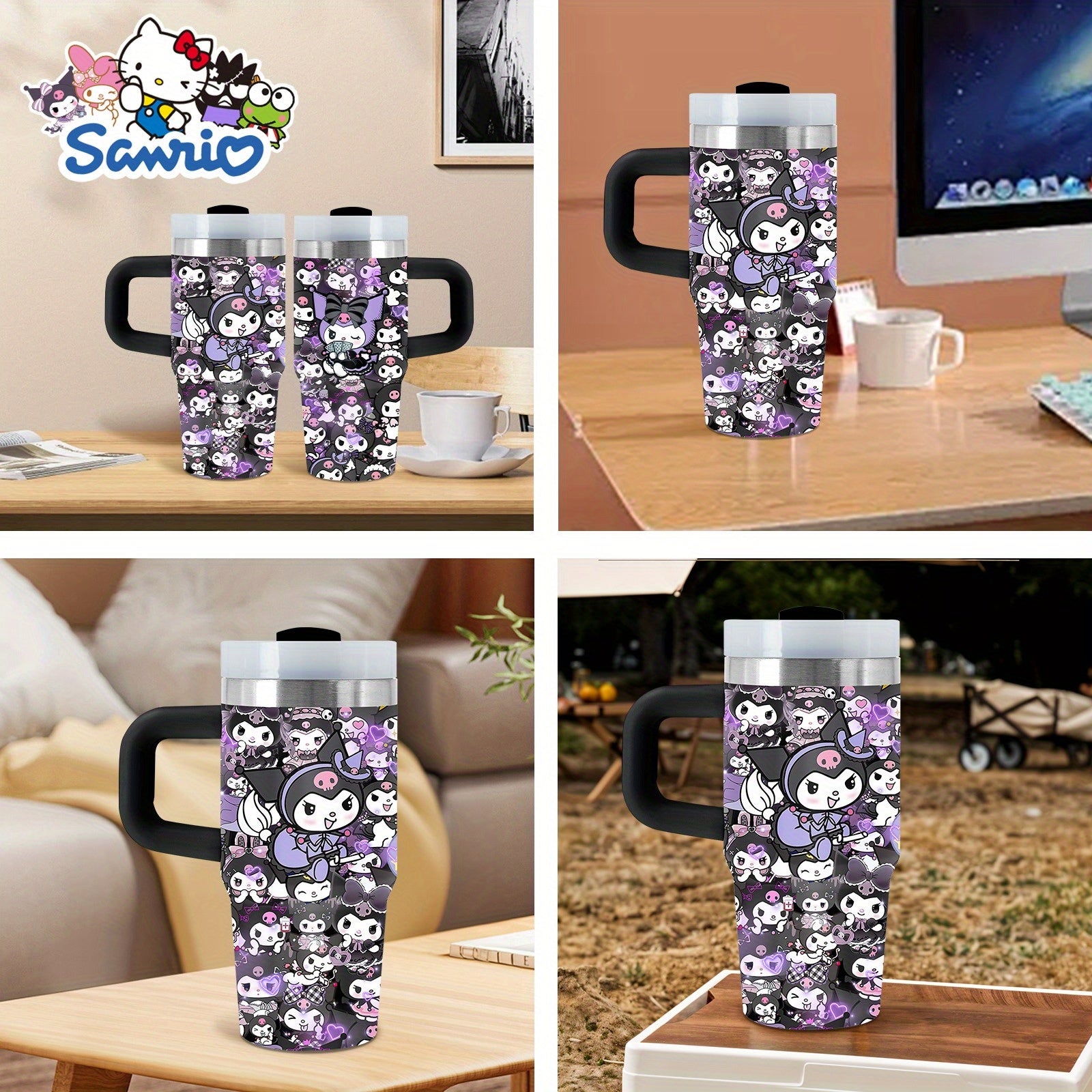 Sanrio Kuromi 14 oz Stainless-Steel Insulated Water Bottle with Handle & Straw – BPA-Free, Perfect Gift for Family & Friends