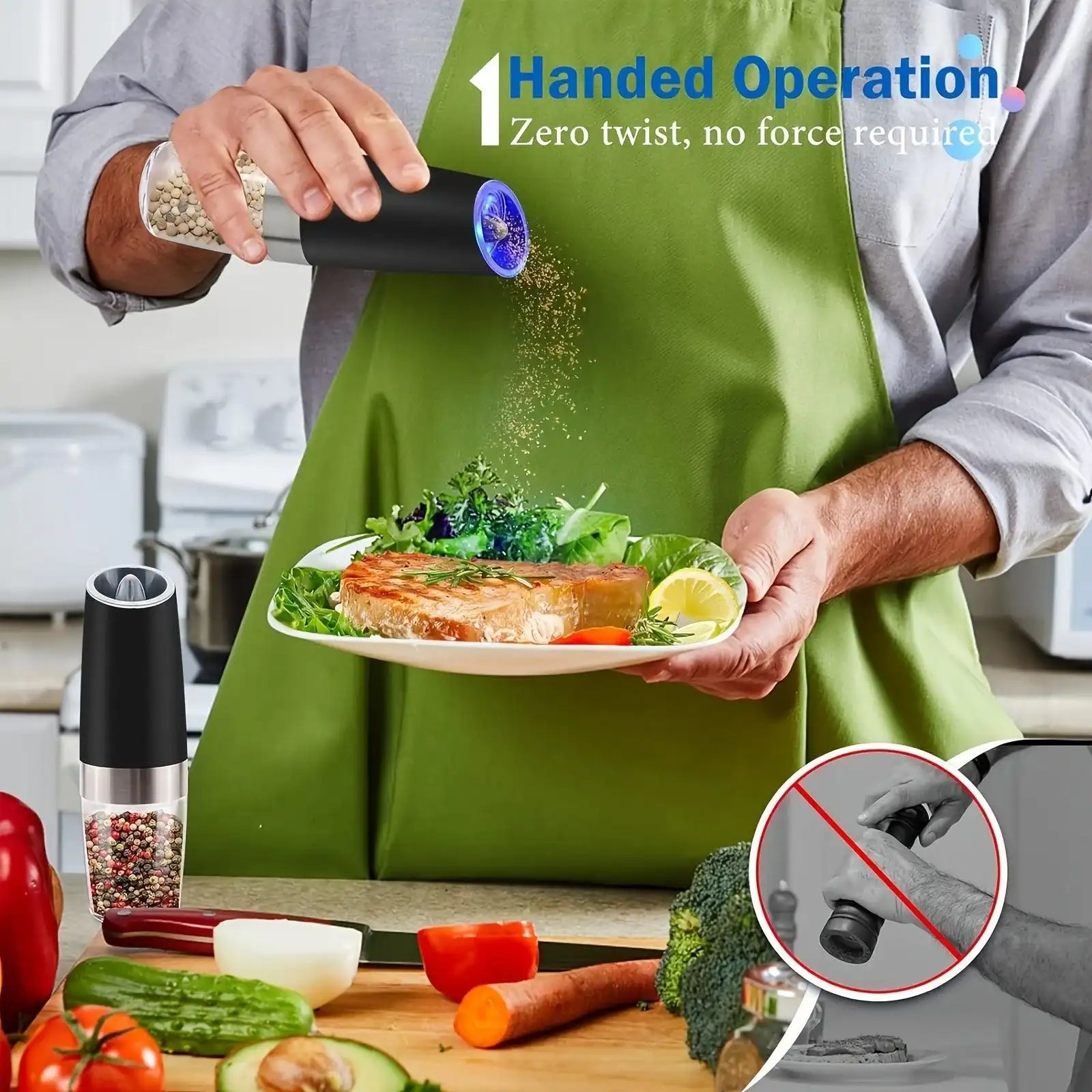 [Gravity Electric Grinder] Automatic Gravity Electric Salt and Pepper Grinder Set - Battery Powered LED Light One Hand Operation - Adjustable Coarseness Mill Grinders Shakers Black, Kitchen Gadgets Gift Ideas - PulinGO