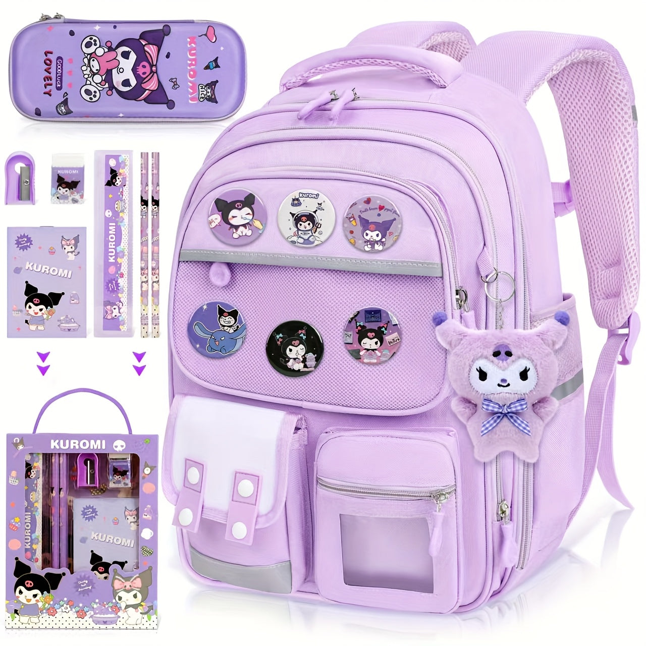 Sanrio Kuromi Large Capacity Purple Backpack Set – 50 Stickers, Pendant Accessories, 6 Badges, Pen Box & Stationery Set