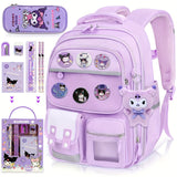 Sanrio Kuromi Large Capacity Purple Backpack Set – 50 Stickers, Pendant Accessories, 6 Badges, Pen Box & Stationery Set