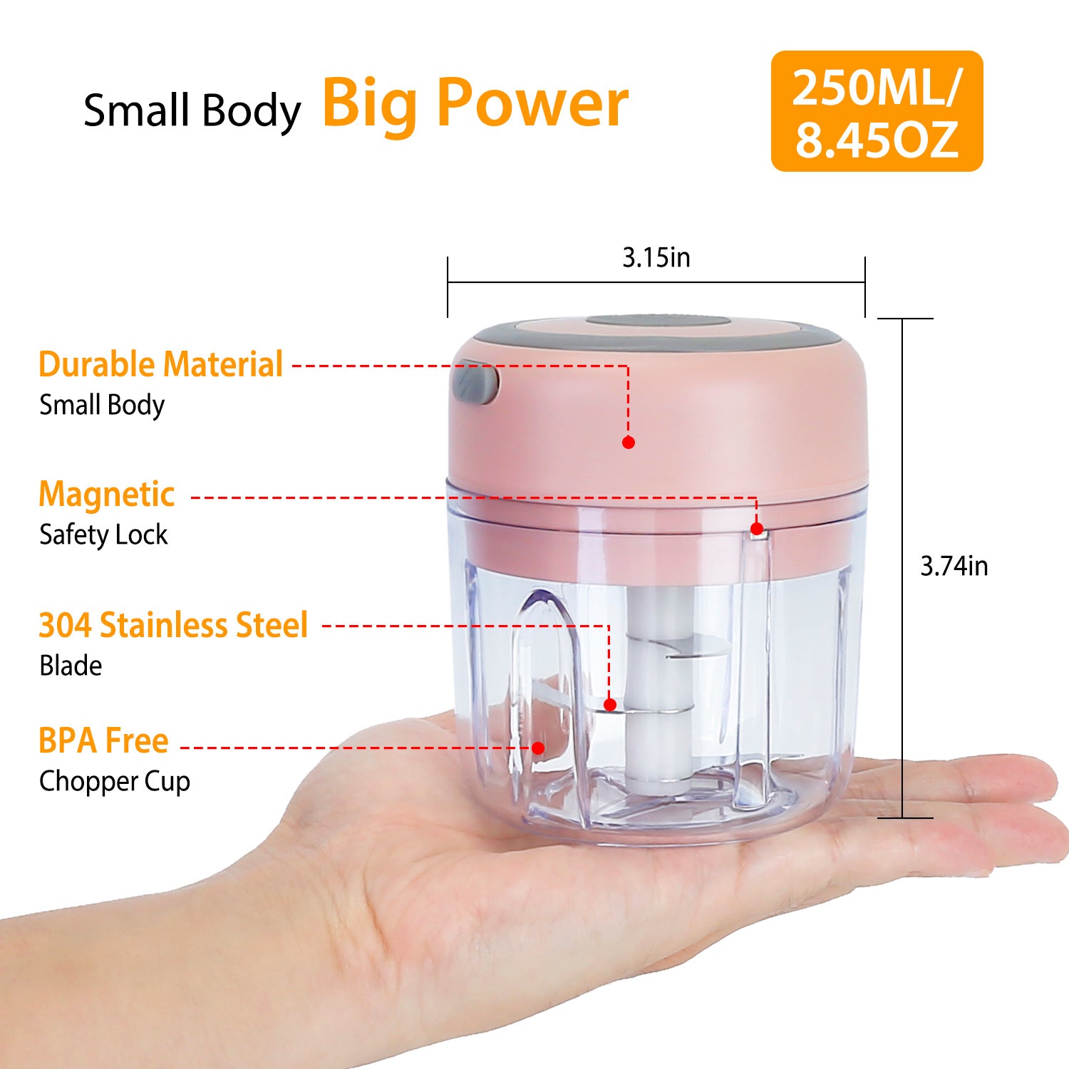 Mini Electric Garlic Chopper – 8.45 oz Cordless Food Chopper with USB Recharge & Stainless Steel Blades