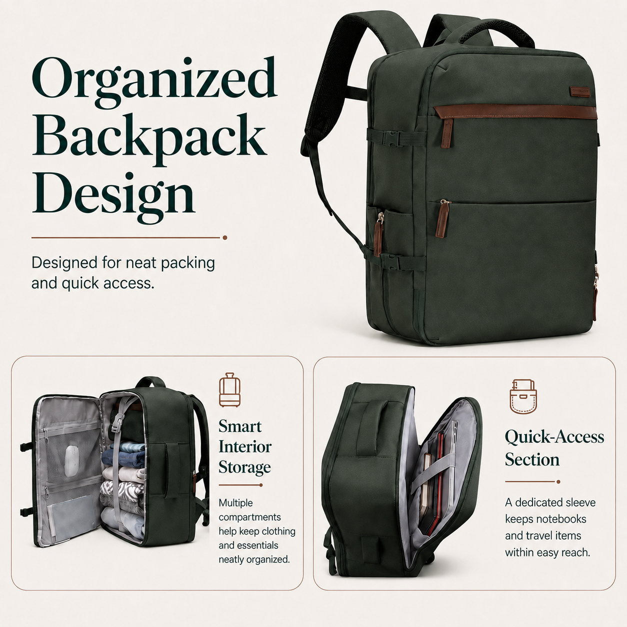Green 3-Piece Carry-On Luggage Set with Backpack & Toiletry Bag
