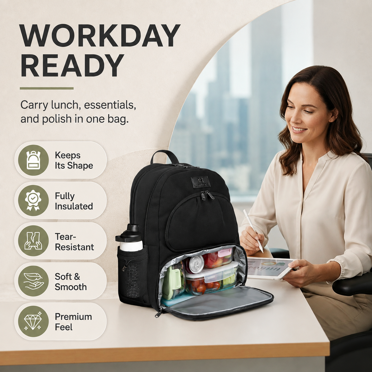 Women’s Insulated Lunch Backpack with 17” Laptop Compartment & Belt Bag