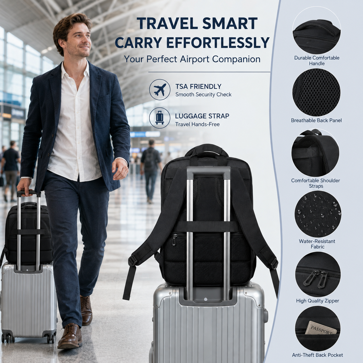 30L Reflective Travel Laptop Backpack with USB Port – Fits 17.3-Inch Laptops