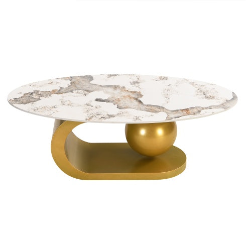 Modern Oval Sintered Stone Coffee Table - 47" Marble Pattern Top with Gold Stainless Steel Base | Luxury Living Room Furniture