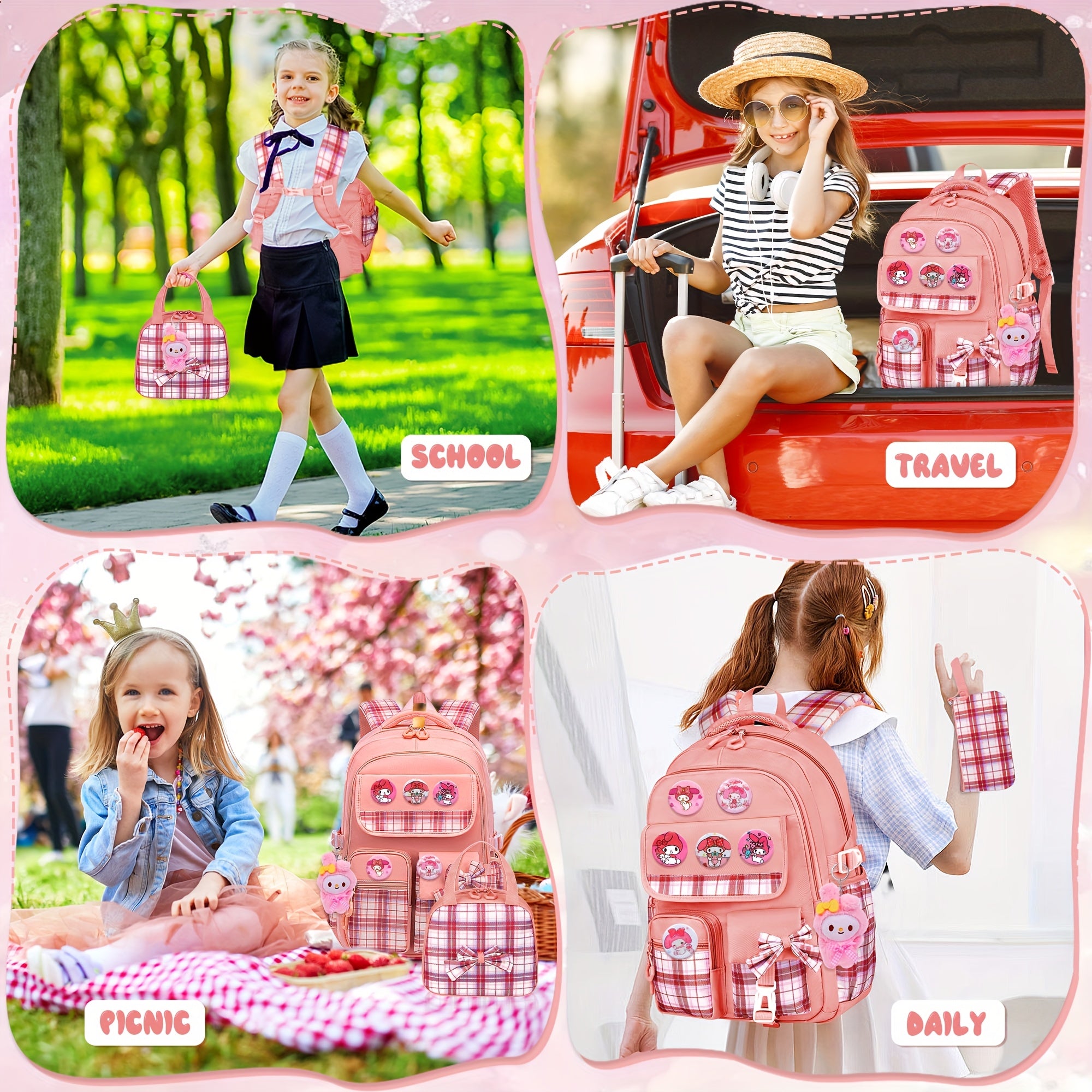 SANRIO Authorized “My Melody” All-in-One Backpack Set – Student Shoulder Bag + Laptop Bag + Lunch Bag + Pen Pouch 🎒