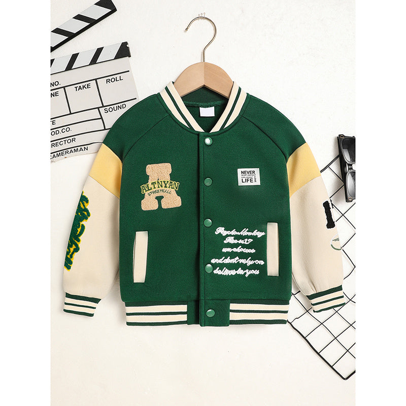 Toddler Kids Girls & Boys Embroidery Letters Print Jacket – Baseball Collar Casual Sports Coat