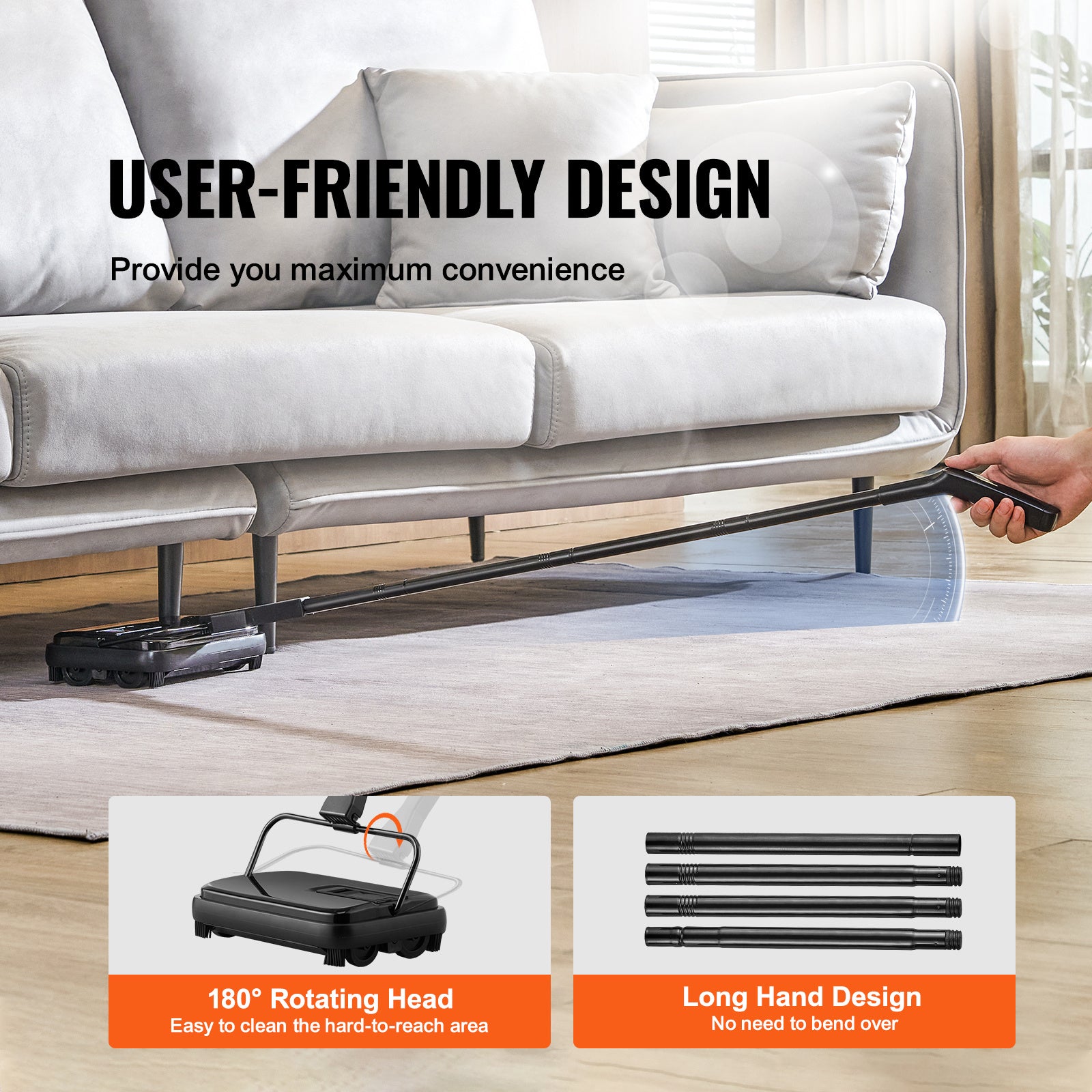 VEVOR Manual Carpet and Floor Sweeper - Non-Electric Cleaner for Dust and Pet Hair with Easy-Empty Dustbin & Cleaning Comb