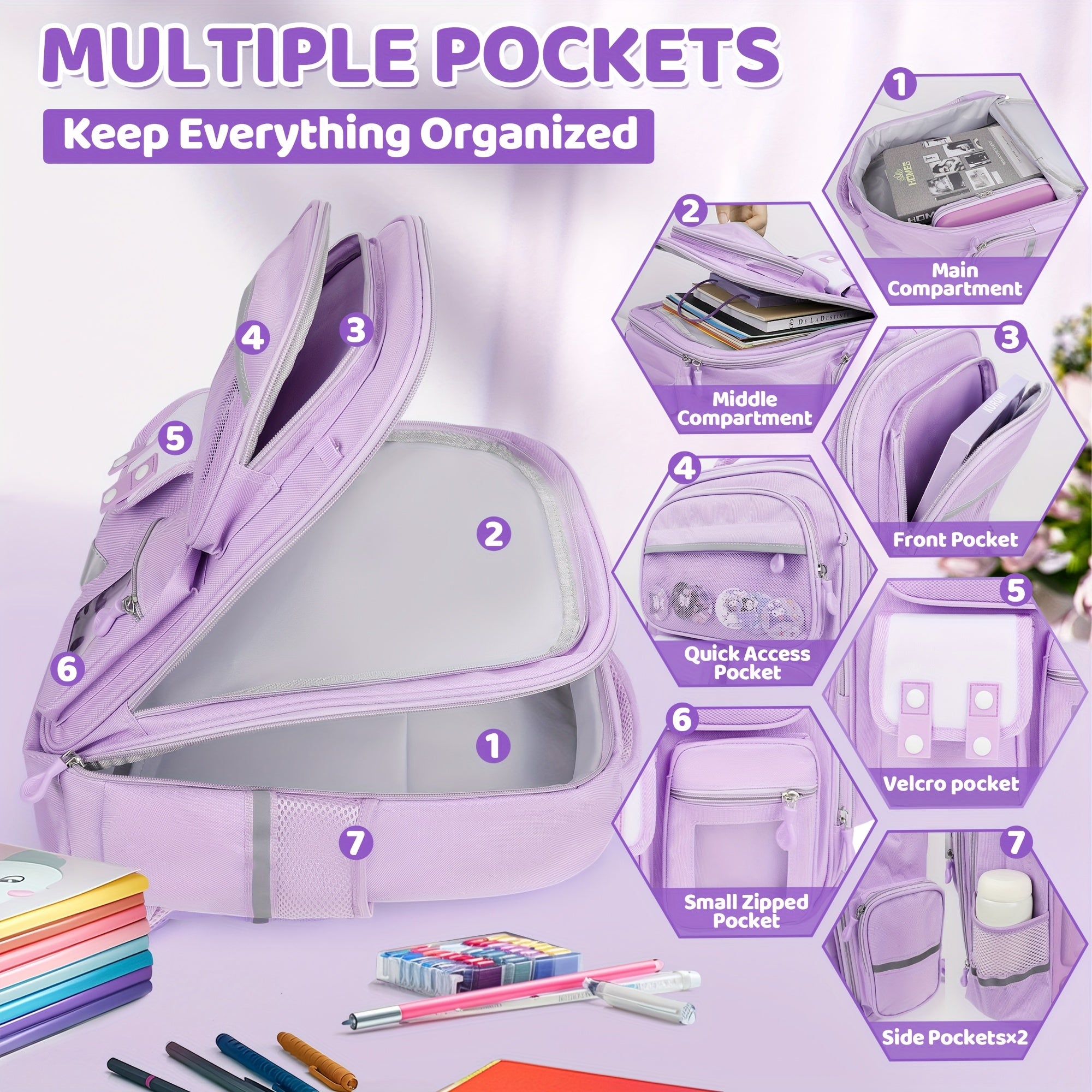 Sanrio Kuromi Large Capacity Purple Backpack Set – 50 Stickers, Pendant Accessories, 6 Badges, Pen Box & Stationery Set