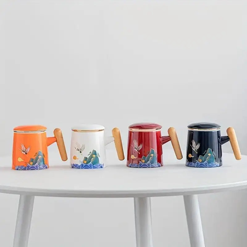 Crane-Patterned Ceramic Teacup with Lid & Filter – Perfect Gift - PulinGO
