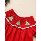 Toddler & Infant Girl Christmas Dress – Smocked Christmas Tree Embroidery Short Sleeve Party Outfit
