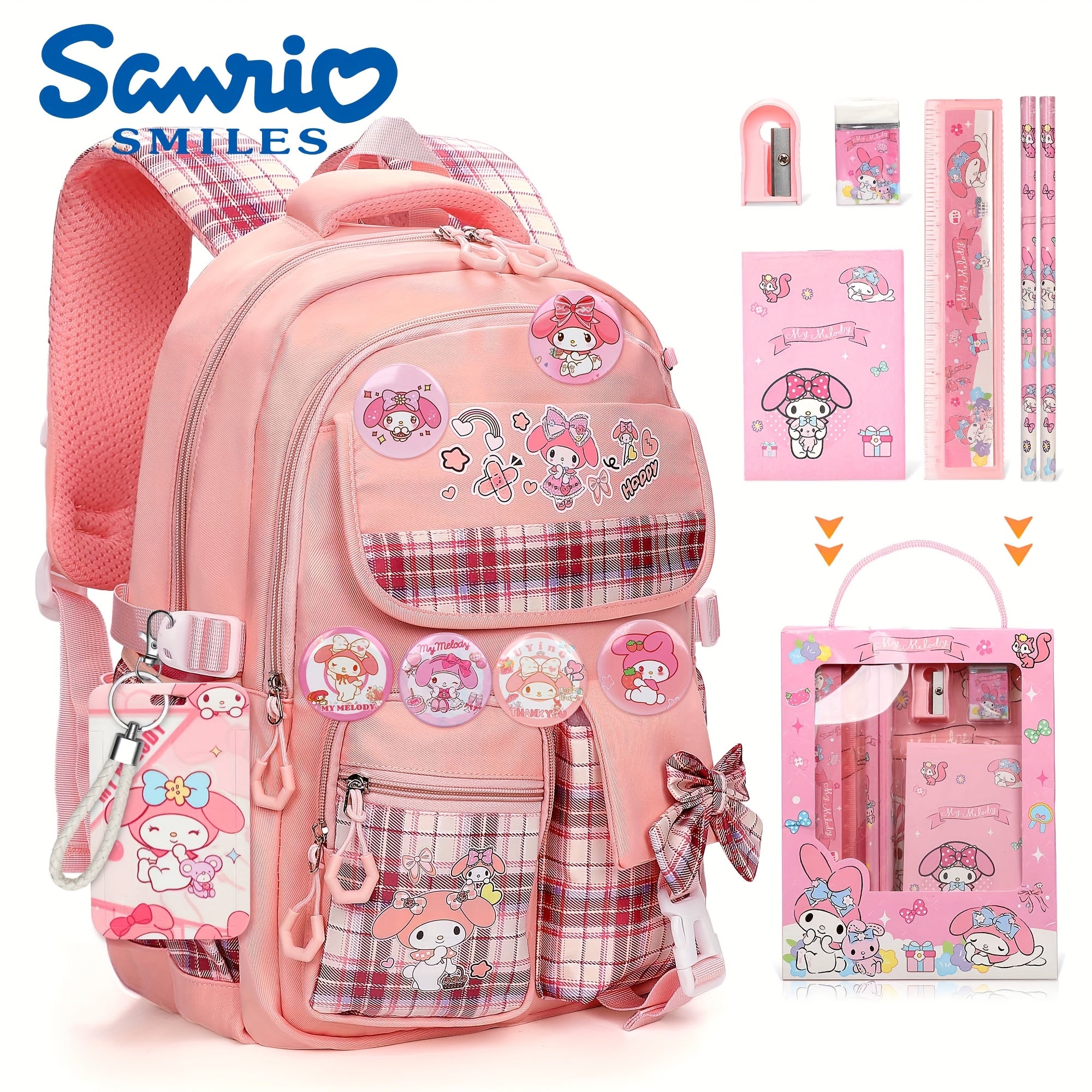 My Melody Cartoon Shoulder Bag & Student School Bag Set – Includes Card Holder, 6 Badges & Stationery, Ultra-Light Travel Gear