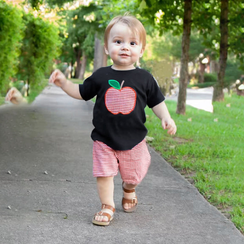 Toddler Baby Boy Back to School Outfit – Summer Appliqué T-Shirt & Red Gingham Shorts 2PCS Set