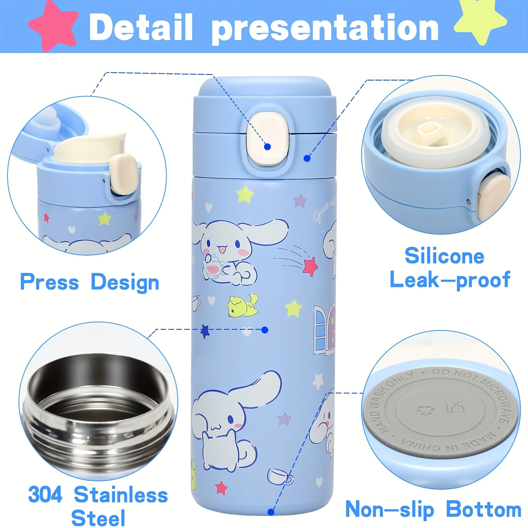 Cinnamoroll Double-Wall Stainless Steel Insulated Bottle – 50 Stickers & Leak-Proof Design