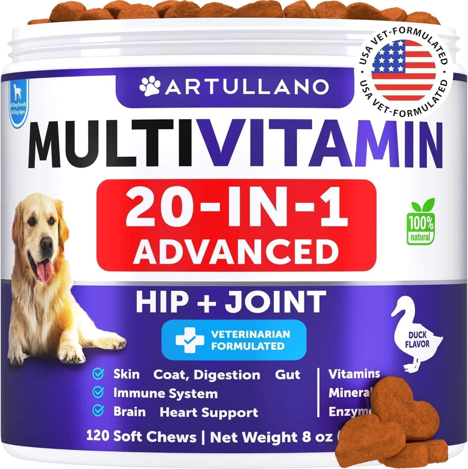 Dog Multivitamin Chews – 20-in-1 Vitamins with Glucosamine for Joint, Skin, Gut, Immunity & Mobility (120 Chews)