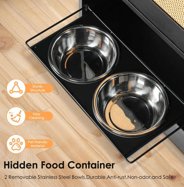 Feeding Station with Locker – Concealed Pet Feeding Station with 2 Overhead Dog Bowls, Side Hooks & Anti-Tipping Kit (Black)
