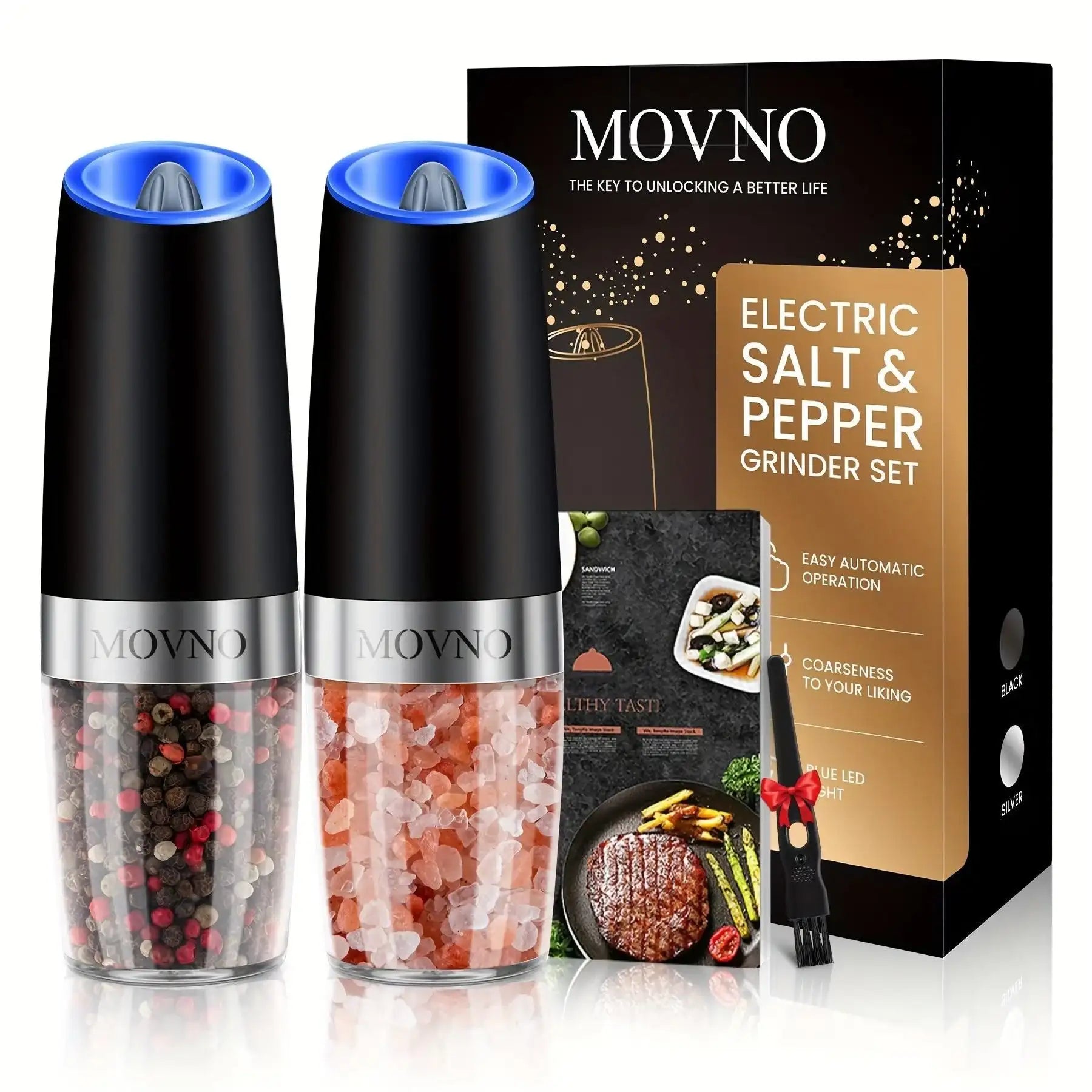 [Gravity Electric Grinder] Automatic Gravity Electric Salt and Pepper Grinder Set - Battery Powered LED Light One Hand Operation - Adjustable Coarseness Mill Grinders Shakers Black, Kitchen Gadgets Gift Ideas - PulinGO