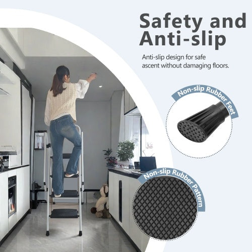Durable 4-Step Folding Ladder with Safety Handle & Anti-Skid Pedals