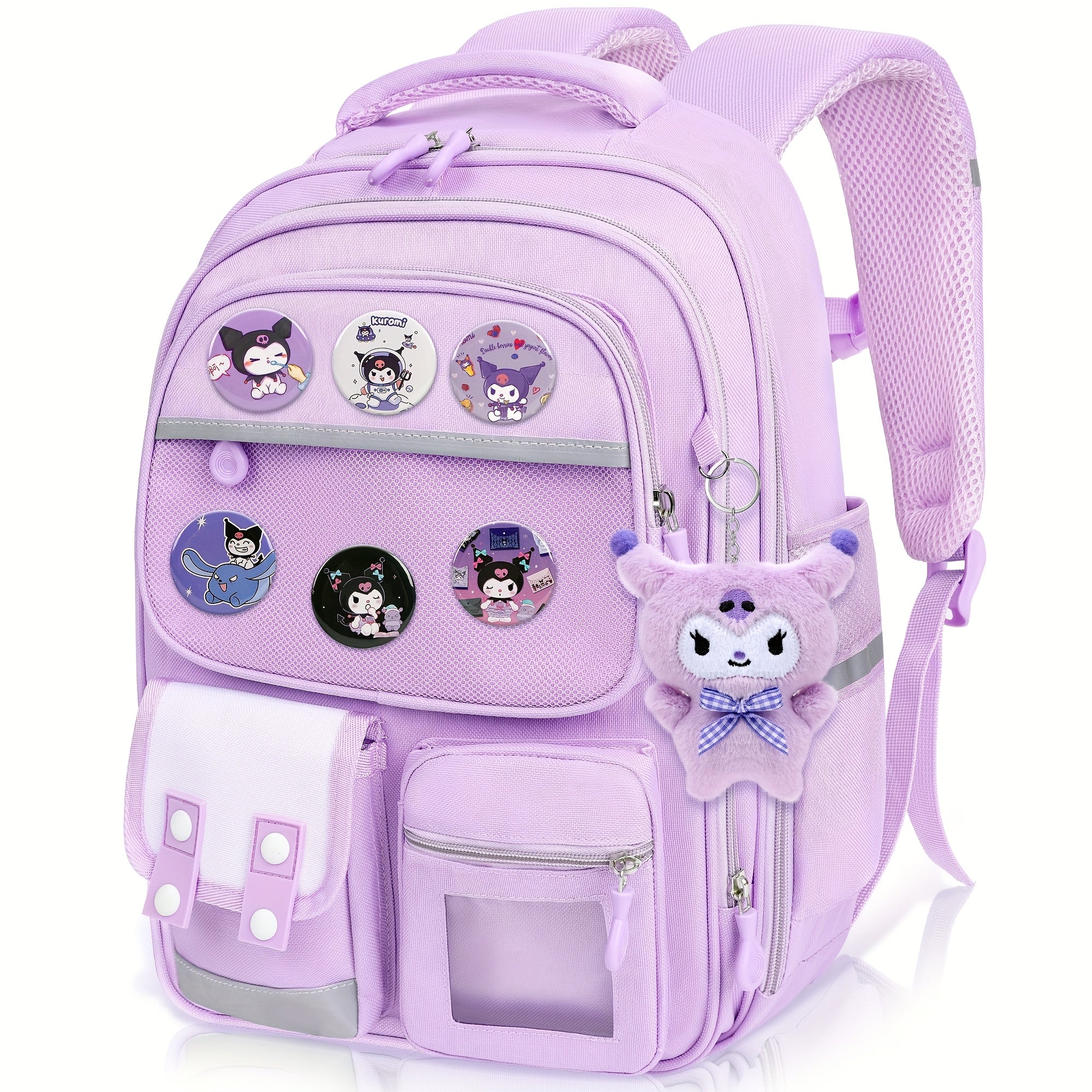 Sanrio Kuromi Large Capacity Purple Backpack Set – 50 Stickers, Pendant Accessories, 6 Badges, Pen Box & Stationery Set