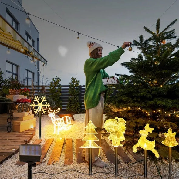 5-Piece Mixed Christmas Solar Stake Lights – Reindeer, Snowflake, Bell, Christmas Tree & Santa Claus, Warm Yellow LEDs, IP44 Waterproof