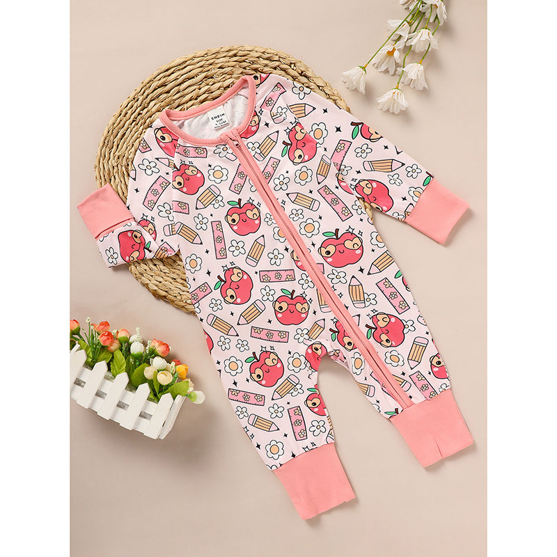 Adorable Infant Back-to-School Romper 🍎✏️ Apple & Pencil Print Long Sleeve Jumpsuit 👶