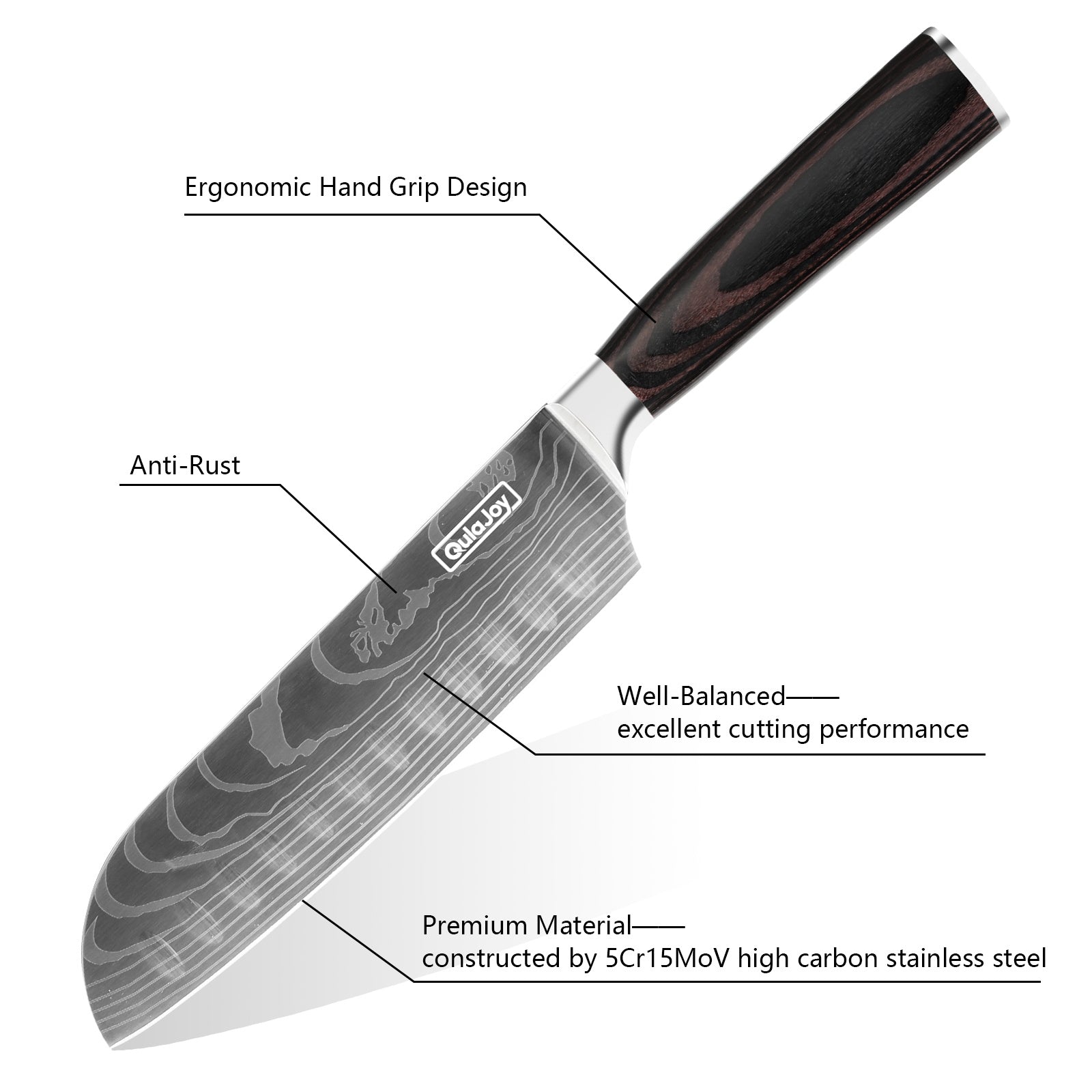 Qulajoy 8‑Inch High‑Carbon Stainless Steel Santoku Knife – Ergonomic Pakkawood Handle, Sleek & Sharp for Home Cooking