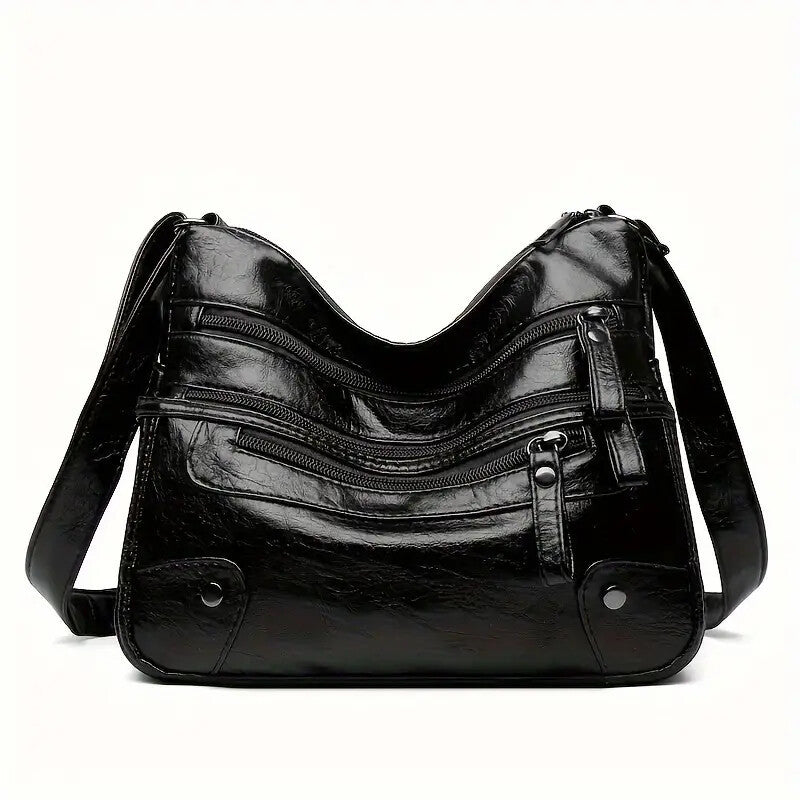 Women’s Large Capacity Shoulder Bag – Washed Leather Messenger with Multi Zipper Design