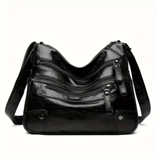 Women’s Large Capacity Shoulder Bag – Washed Leather Messenger with Multi Zipper Design