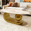 Modern Oval Sintered Stone Coffee Table - 47" Marble Pattern Top with Gold Stainless Steel Base | Luxury Living Room Furniture