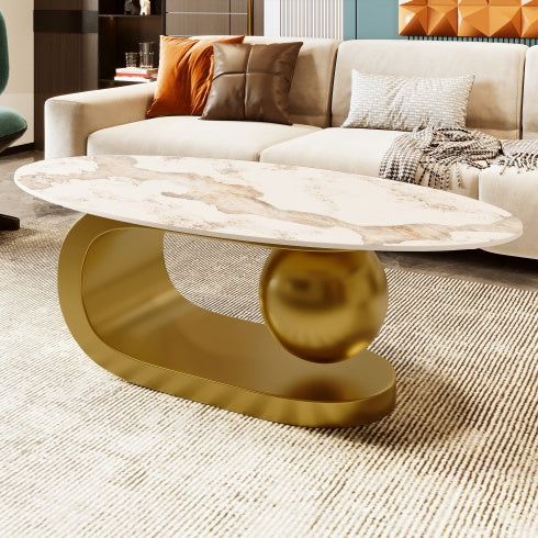 Modern Oval Sintered Stone Coffee Table - 47" Marble Pattern Top with Gold Stainless Steel Base | Luxury Living Room Furniture