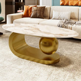 Modern Oval Sintered Stone Coffee Table - 47" Marble Pattern Top with Gold Stainless Steel Base | Luxury Living Room Furniture