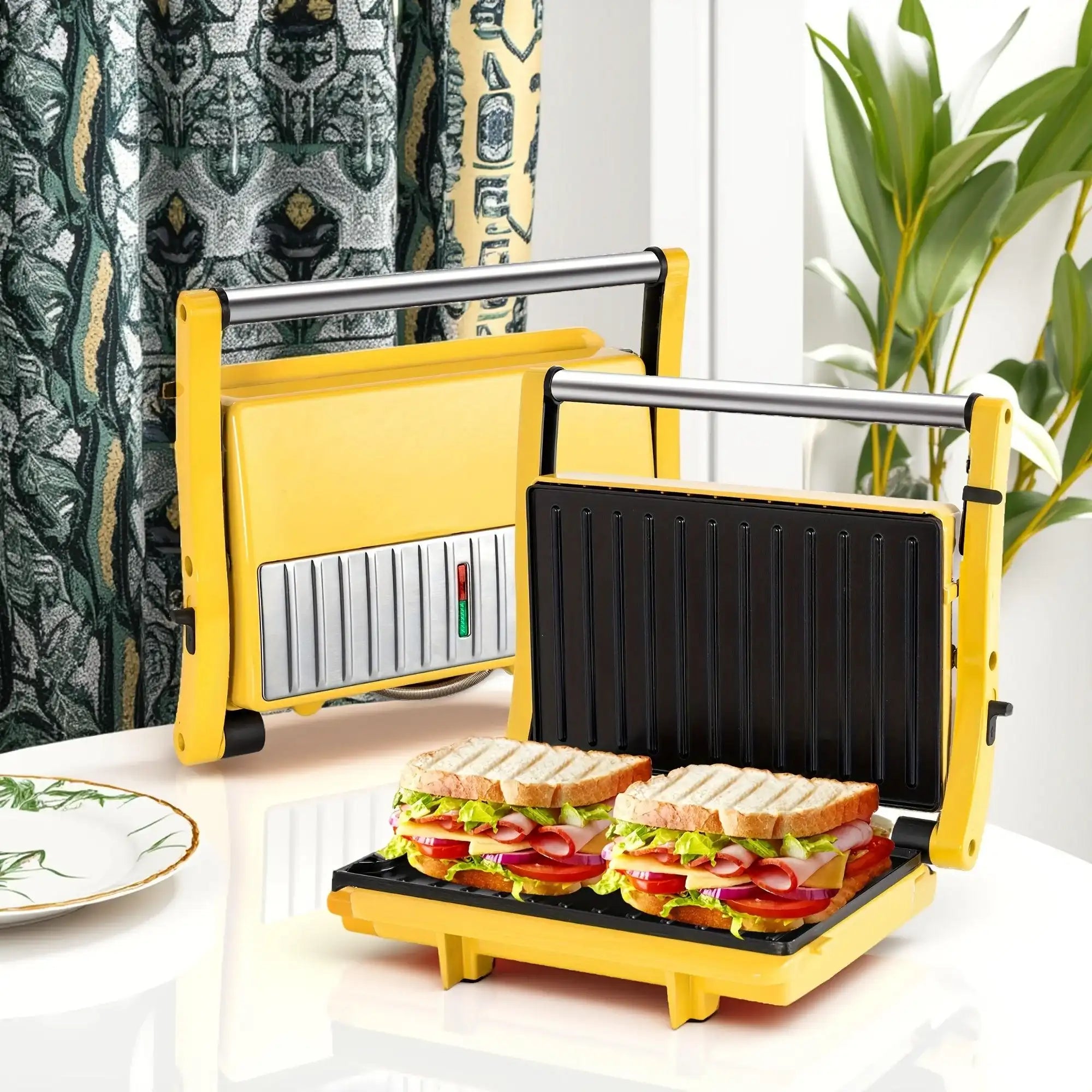 3-in-1 Electric Indoor Grill & Panini Press - 1400W Dual-Sided Non-Stick Grill with 180° Floating Hinge, Adjustable Temp (365°F-410°F), 60-Min Timer, Overheat/Quick Cook Modes & Grease Tray - Compact Black Kitchen Applianc - PulinGO