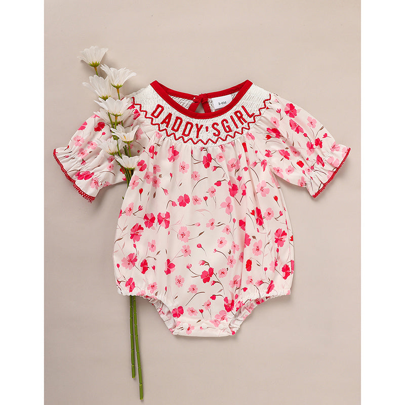 Infant Girls Floral Smocked Romper 🌸 “Daddy’s Girl” Embroidery 💖 Short Sleeve Bodysuit